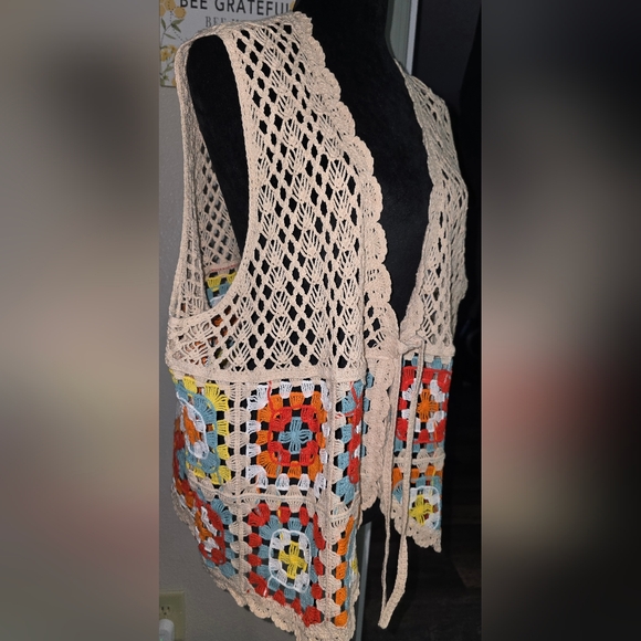 (J) CATO Crochet Open-Front Sweater Vest - Multicolor - Picture 2 of 7